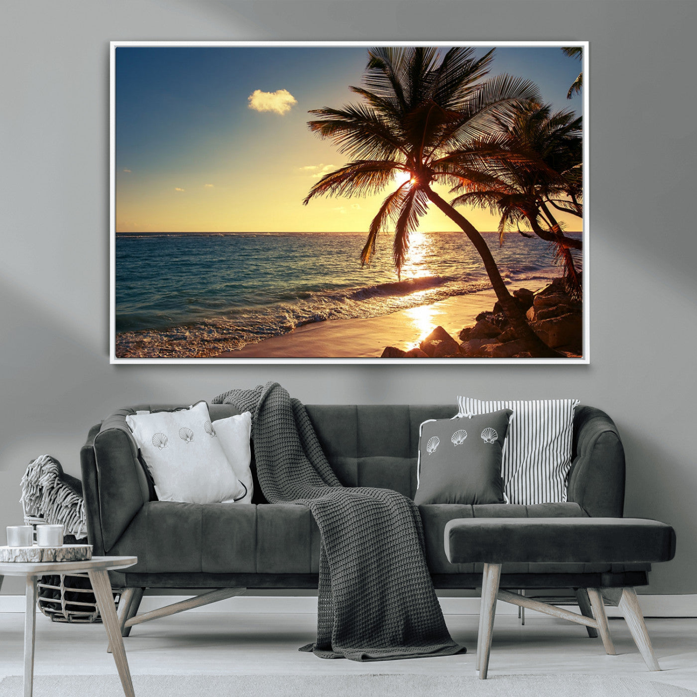 82710-MGV-CV-36X24-Palm Tree Sunset Beach Wall Art – Tropical Ocean Canvas Print, Coastal Paradise Seascape Decor for Living Room or Office Wall
