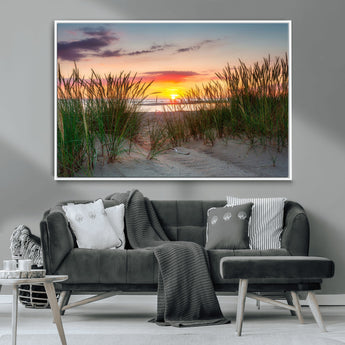 25576-MGV-CV-36X24-Beach Grass Sunset Wall Art – Coastal Sand Dune Landscape Canvas Print, Ocean View Nature Decor for Living Room or Office Wall