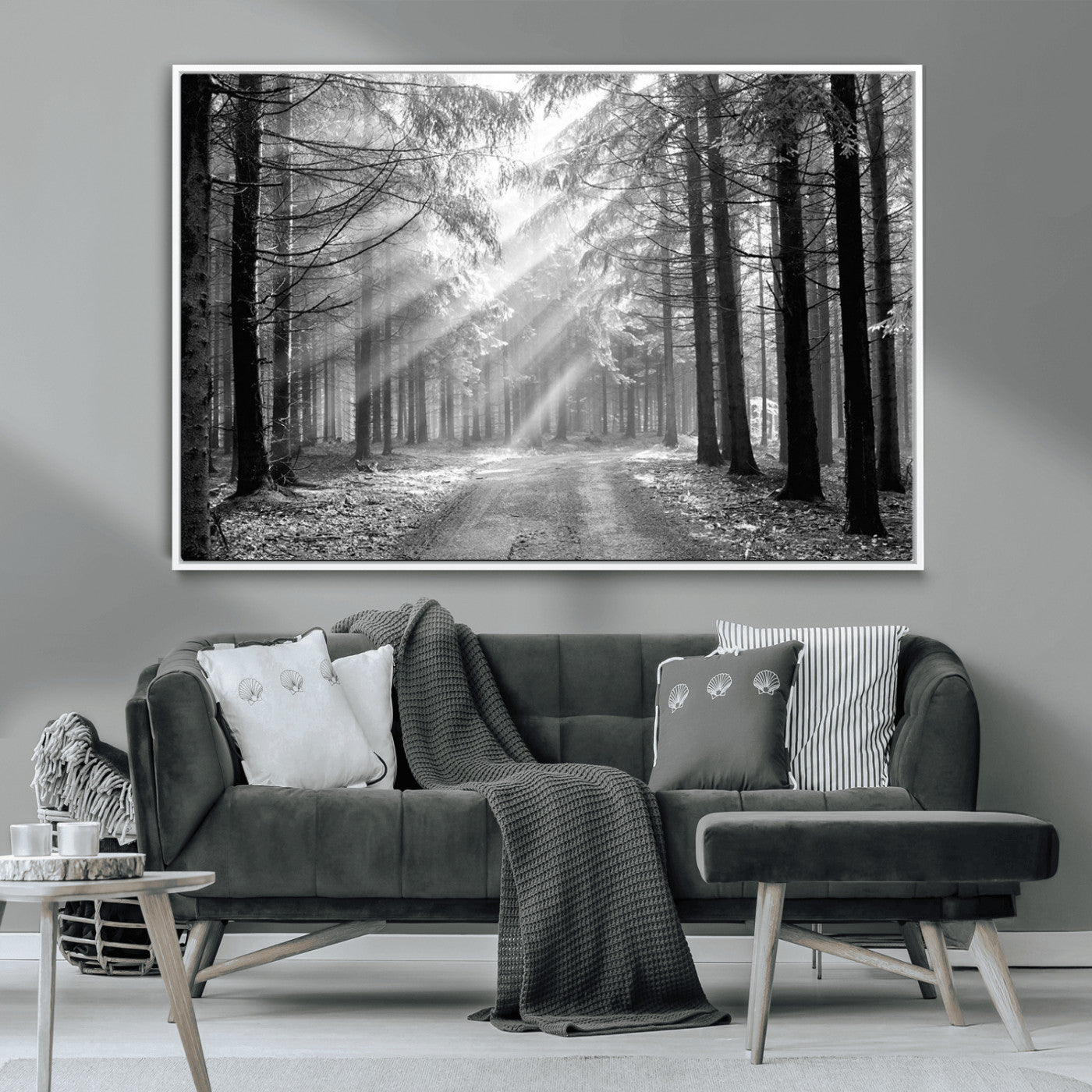 39665-MGV-CV-36X24-Black and White Forest Path Wall Art – Sunlight Rays in Trees Canvas Print, Nature Landscape Decor for Living Room or Office