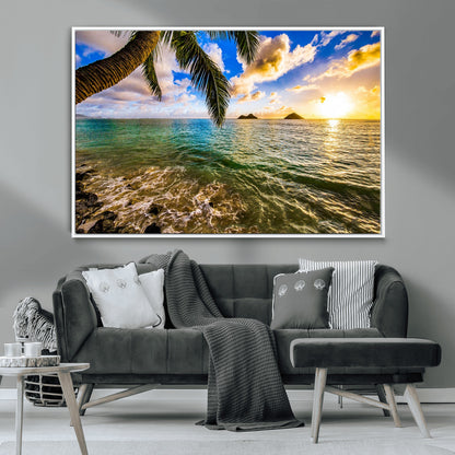 68606-MGV-CV-36X24-Tropical Palm Tree Ocean Wall Art – Sunset Beach Seascape Print, Coastal Paradise Decor for Living Room or Office