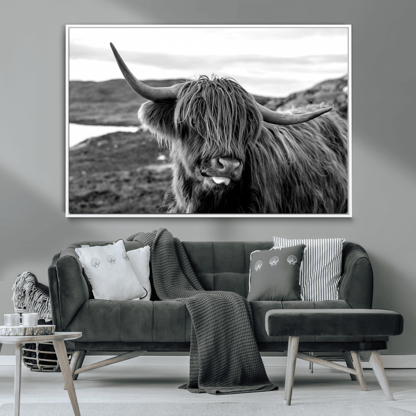 83810-MGV-CV-36X24-Highland Cow Wall Art – Black and White Highland Cattle Print, Rustic Farmhouse Animal Decor for Living Room