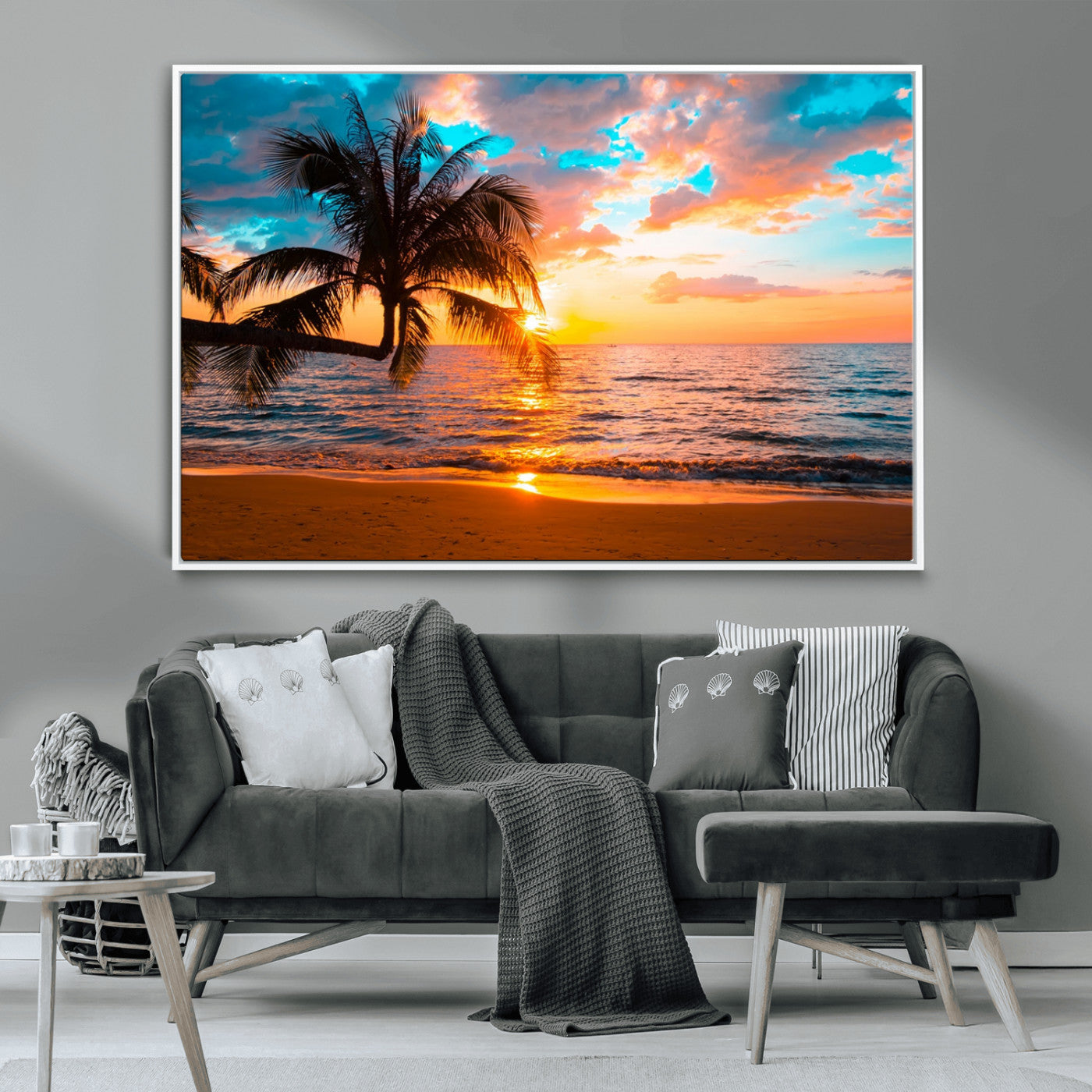 34674-MGV-CV-36X24-Tropical Sunset Beach Wall Art – Palm Tree Ocean Canvas Print, Coastal Seascape Decor for Living Room or Office Wall
