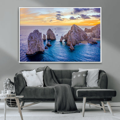 72955-MGV-CV-36X24-Ocean Rock Formation Wall Art – Sunset Coastal Seascape Print, Beach Landscape Decor for Living Room or Office
