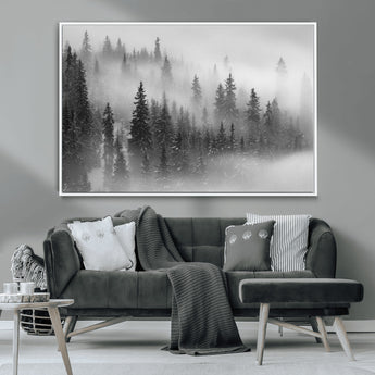 57235-MGV-CV-36X24-Misty Pine Forest Wall Art – Black and White Mountain Landscape Canvas Print, Nature Woodland Decor for Living Room, Bedroom or