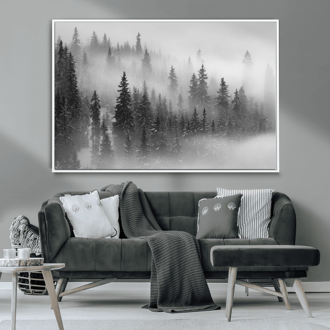 57235-MGV-CV-36X24-Misty Pine Forest Wall Art – Black and White Mountain Landscape Canvas Print, Nature Woodland Decor for Living Room, Bedroom or