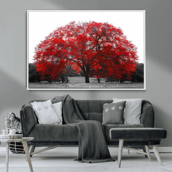 80021-MGV-CV-36X24-Red Tree Wall Art – Striking Black and White Landscape Canvas Print with Vibrant Red Leaves, Modern Nature Decor for Living Room