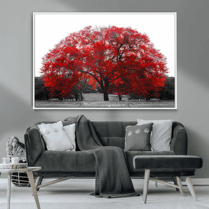 80021-MGV-CV-36X24-Red Tree Wall Art – Striking Black and White Landscape Canvas Print with Vibrant Red Leaves, Modern Nature Decor for Living Room