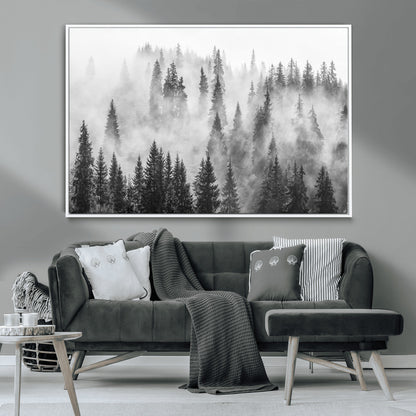 10422-MGV-CV-36X24-Misty Pine Forest Wall Art – Black and White Foggy Landscape Canvas Print, Serene Nature Woodland Decor for Bedroom, Office or