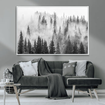 10422-MGV-CV-36X24-Misty Pine Forest Wall Art – Black and White Foggy Landscape Canvas Print, Serene Nature Woodland Decor for Bedroom, Office or