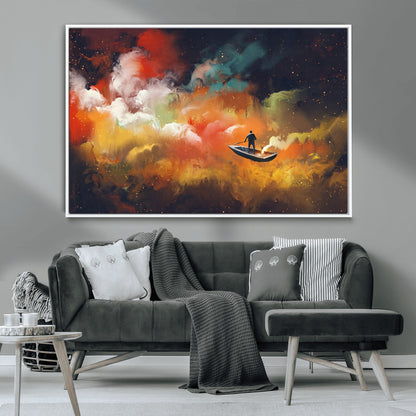 45085-MGV-CV-36X24-Surreal Cosmic Wall Art – Abstract Galaxy Dreamscape Canvas Print with Man and Dog in Boat, Fantasy Nebula Painting for Living
