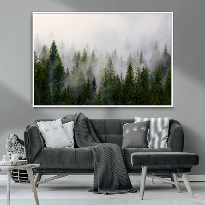 11436-MGV-CV-36X24-Misty Forest Wall Art – Tranquil Evergreen Tree Canvas Print with Foggy Landscape, Nature Inspired Artwork for Bedroom, Living