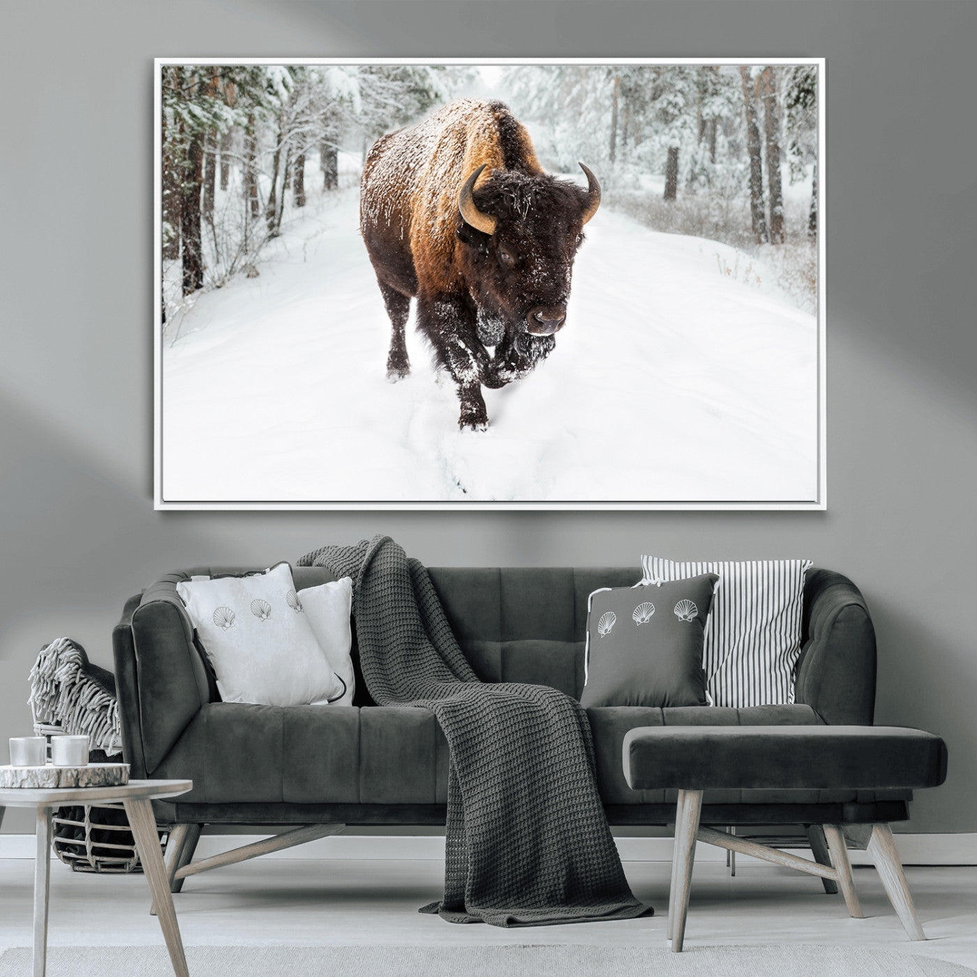 84699-MGV-CV-36X24-Bison in Winter Wall Art – Majestic Buffalo Canvas Print with Snowy Forest Landscape, Rustic Wildlife Artwork for Cabin, Living