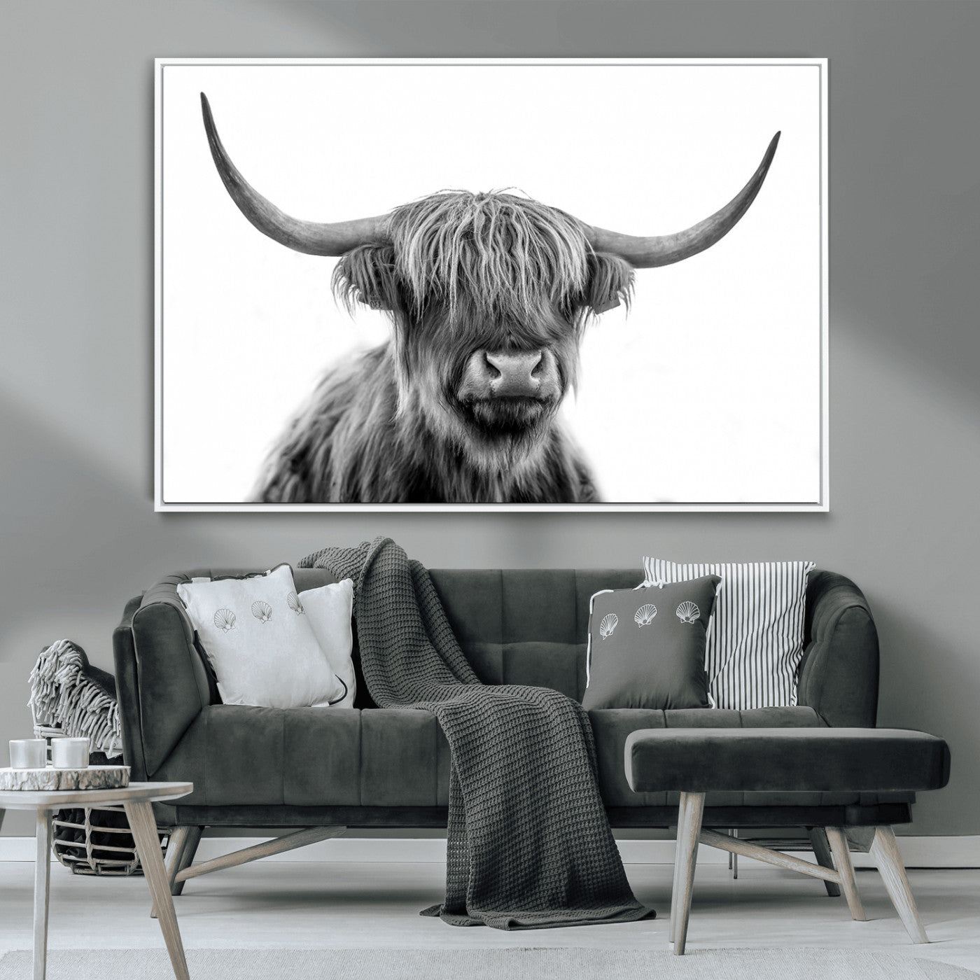 10123-MGV-CV-36X24-Black and White Highland Cow Wall Art – Modern Farmhouse Animal Print, Rustic Scottish Bull Canvas Decor for Living Room, Bedroom,