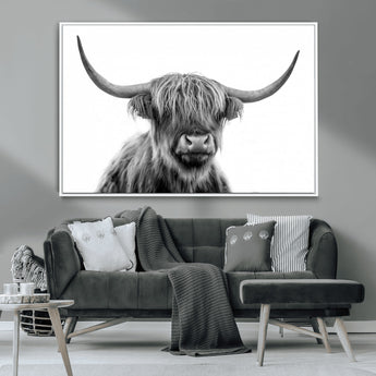 10123-MGV-CV-36X24-Black and White Highland Cow Wall Art – Modern Farmhouse Animal Print, Rustic Scottish Bull Canvas Decor for Living Room, Bedroom,
