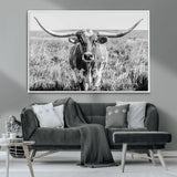 77320-MGV-CV-36X24-Texas Longhorn Wall Art – Black and White Western Cattle Canvas Print, Rustic Farmhouse Animal Photography Decor for Living Room,