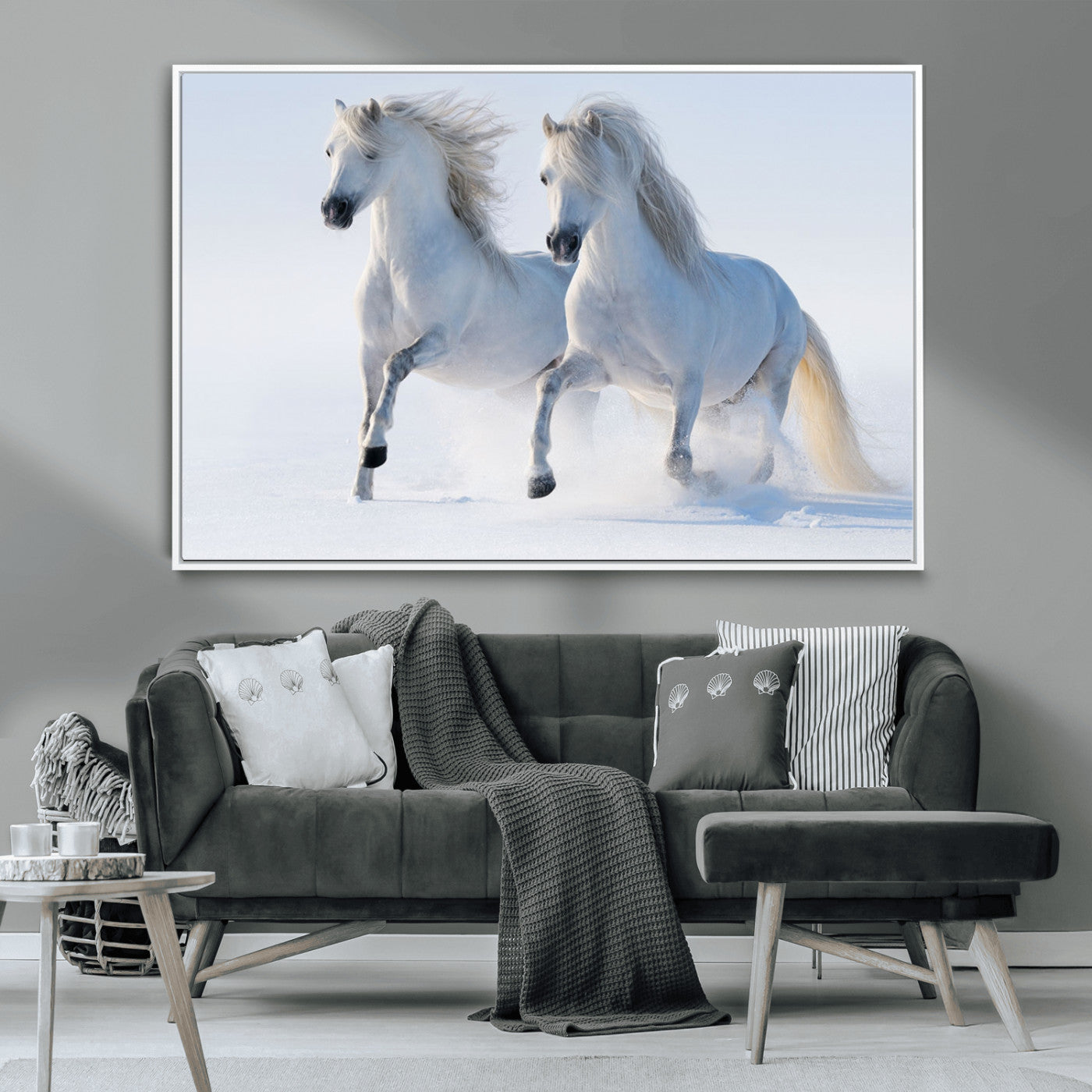 80145-MGV-CV-36X24-White Horses Running Snow Wall Art – Majestic Equine Canvas Print, Winter Nature Photography Decor for Living Room, Office,