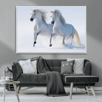 80145-MGV-CV-36X24-White Horses Running Snow Wall Art – Majestic Equine Canvas Print, Winter Nature Photography Decor for Living Room, Office,