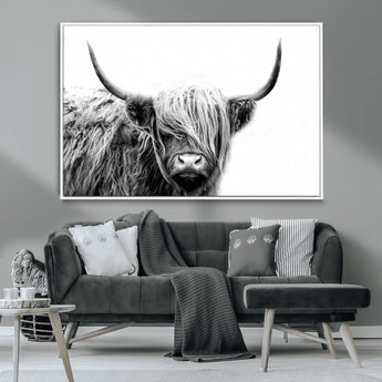 51957-MGV-CV-36X24-Highland Cow Wall Art – Black and White Scottish Highland Bull Canvas Print, Rustic Farmhouse Animal Decor for Living Room,