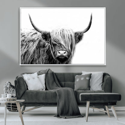 51957-MGV-CV-36X24-Highland Cow Wall Art – Black and White Scottish Highland Bull Canvas Print, Rustic Farmhouse Animal Decor for Living Room,