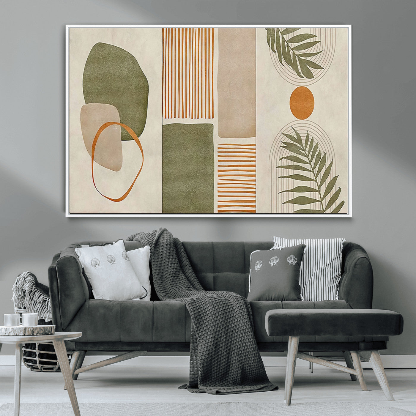 96002-MGV-CV-36X24-Abstract Geometric Wall Art – Modern Canvas Print with Green, Orange & Beige Shapes, Minimalist Home Decor for Living Room, Office