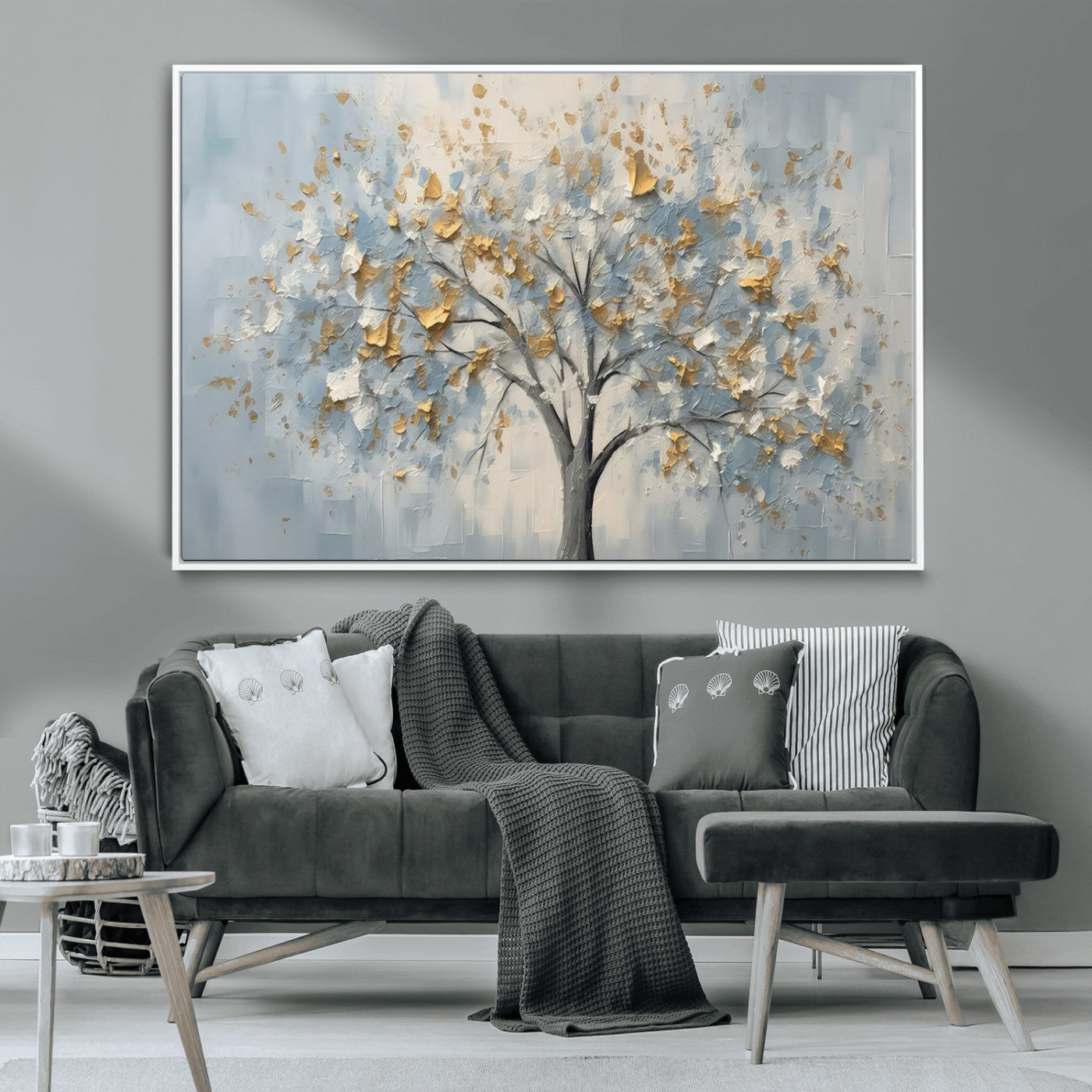 65811-MGV-CV-36X24-Abstract Tree Wall Art – Textured Canvas Painting with Gold and White Leaves, Modern Nature Inspired Decor for Living Room or