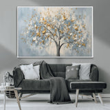 65811-MGV-CV-36X24-Abstract Tree Wall Art – Textured Canvas Painting with Gold and White Leaves, Modern Nature Inspired Decor for Living Room or