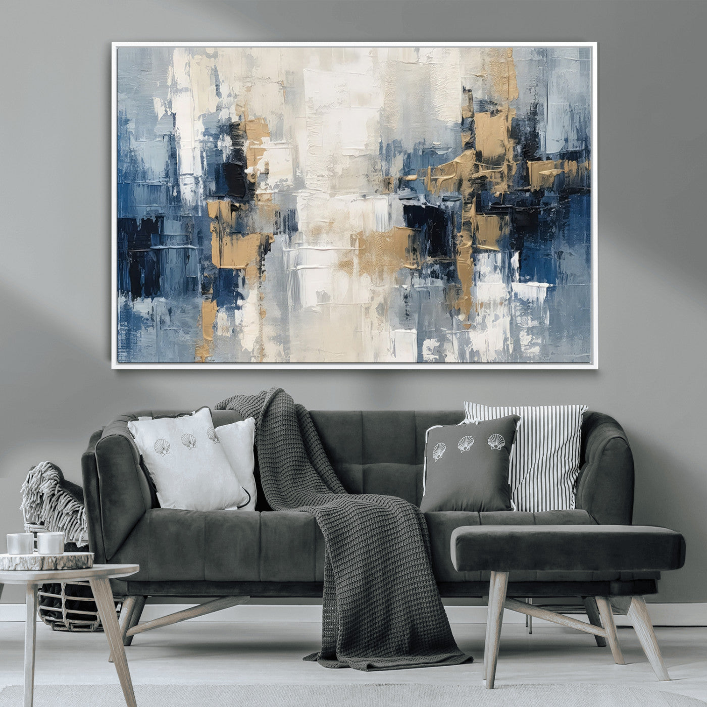 44344-MGV-CV-36X24-Abstract Blue and Gold Wall Art – Modern Hand Painted Canvas Print, Contemporary Textured Painting for Living Room, Bedroom or