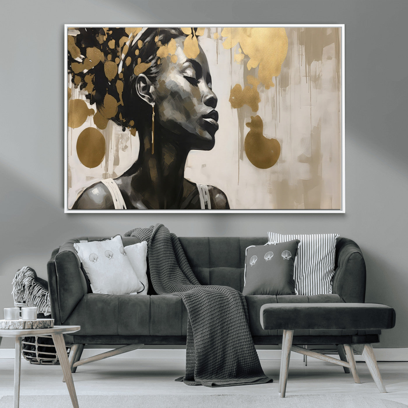 65669-MGV-CV-36X24-Elegant Black Woman Wall Art – Modern Abstract Portrait Canvas with Gold Accents, Contemporary Afrocentric Decor for Living Room