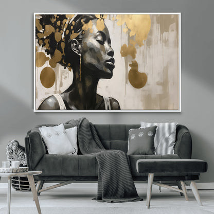65669-MGV-CV-36X24-Elegant Black Woman Wall Art – Modern Abstract Portrait Canvas with Gold Accents, Contemporary Afrocentric Decor for Living Room
