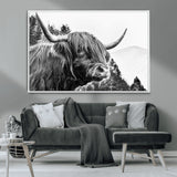 61570-MGV-CV-36X24-Highland Cow Wall Art – Black and White Scottish Bull Canvas Print, Rustic Farmhouse Animal Decor for Living Room, Bedroom, or
