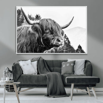 61570-MGV-CV-36X24-Highland Cow Wall Art – Black and White Scottish Bull Canvas Print, Rustic Farmhouse Animal Decor for Living Room, Bedroom, or