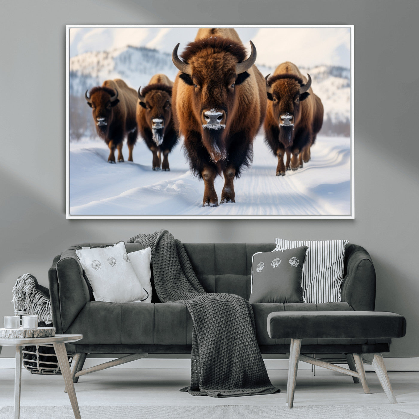56701-MGV-CV-36X24-Bison Herd Wall Art – Buffalo Walking in Snowy Mountains Canvas Print, Rustic Wildlife Decor for Cabin, Lodge, or Living Room