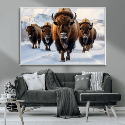 56701-MGV-CV-36X24-Bison Herd Wall Art – Buffalo Walking in Snowy Mountains Canvas Print, Rustic Wildlife Decor for Cabin, Lodge, or Living Room