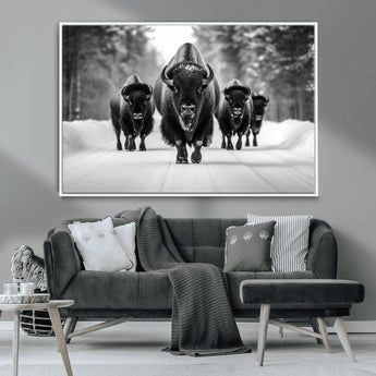 45287-MGV-CV-36X24-Bison Herd Wall Art – Black and White Buffalo Snow Road Canvas Print, Rustic Wildlife Decor for Cabin, Lodge or Living Room