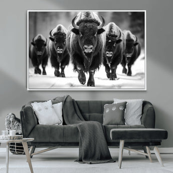 79872-MGV-CV-36X24-Bison Herd Wall Art – Black and White Buffalo on Snow Canvas Print, Rustic Wildlife Decor for Lodge, Cabin, or Living Room