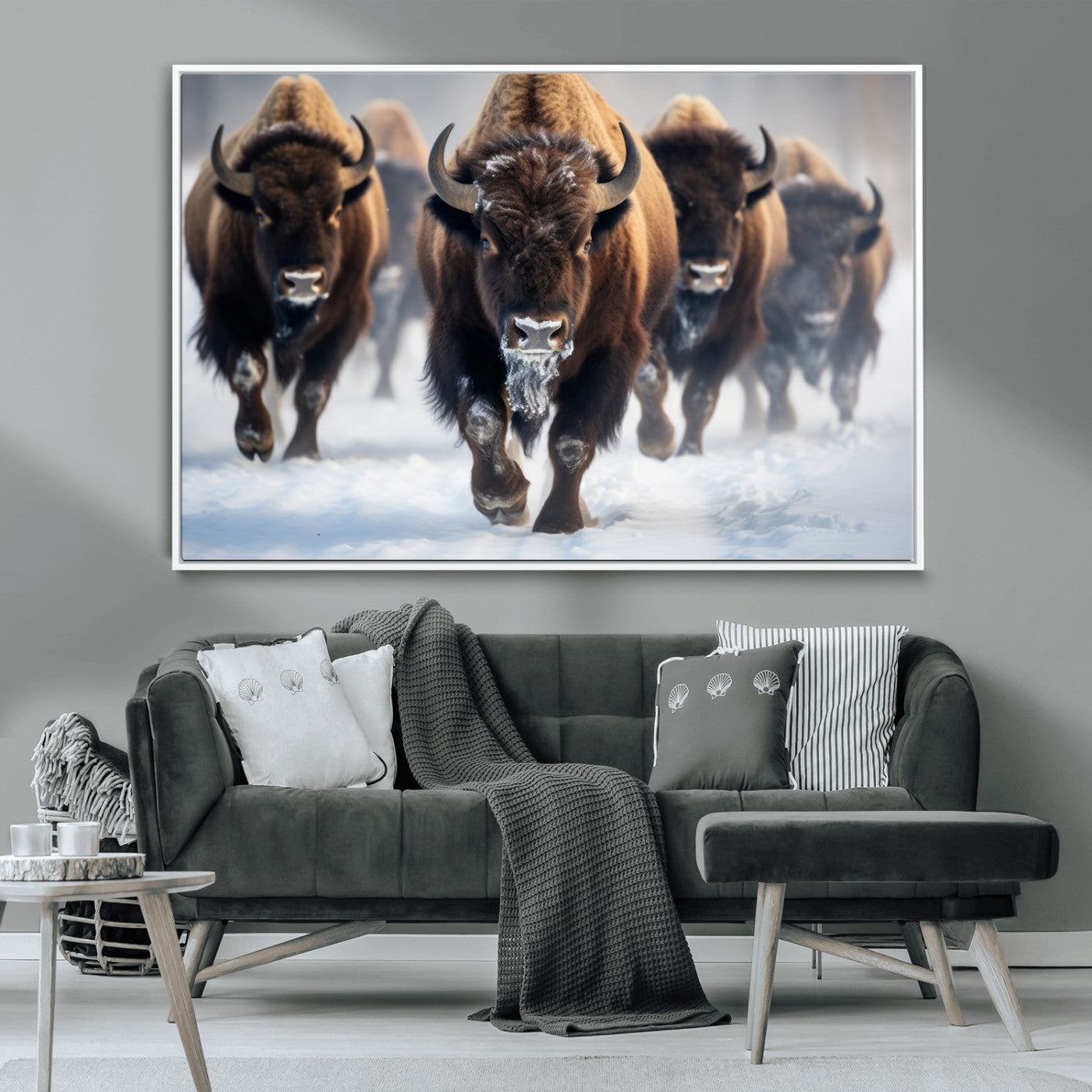 80512-MGV-CV-36X24-Bison Herd Wall Art – Buffalo Running in Snow Canvas Print, Rustic Wildlife Photography Decor for Cabin, Lodge, or Living Room