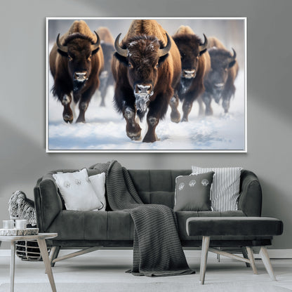 80512-MGV-CV-36X24-Bison Herd Wall Art – Buffalo Running in Snow Canvas Print, Rustic Wildlife Photography Decor for Cabin, Lodge, or Living Room