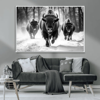 97552-MGV-CV-36X24-Black and White Bison Wall Art – Buffalo Herd Running in Snow Canvas Print, Rustic Wildlife Photography Decor for Cabin, Lodge, or
