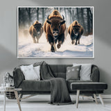 56549-MGV-CV-36X24-Wild Bison Wall Art – Majestic Buffalo Herd Running in Snow Canvas Print, Rustic Wildlife Photography Decor for Cabin, Lodge, or