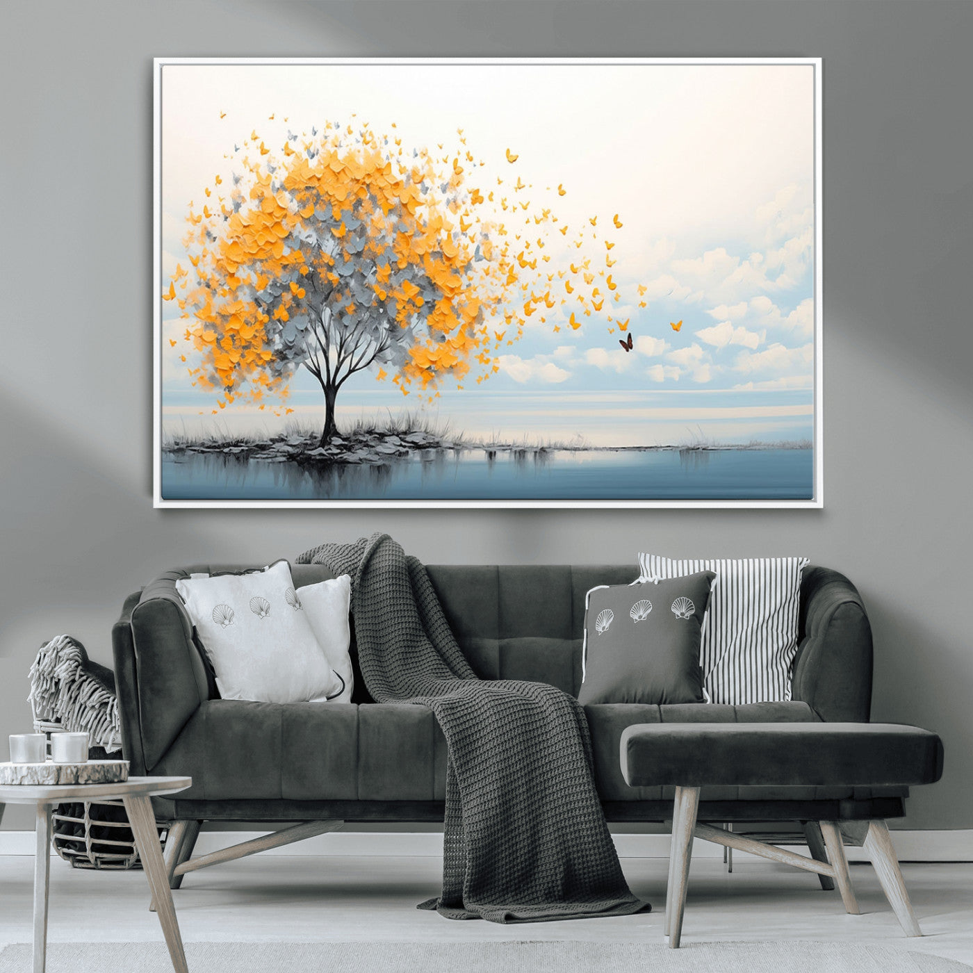 23385-MGV-CV-36X24-Golden Butterfly Tree Wall Art – Abstract Yellow and Gray Canvas Print, Modern Nature Artwork for Living Room, Bedroom or Office