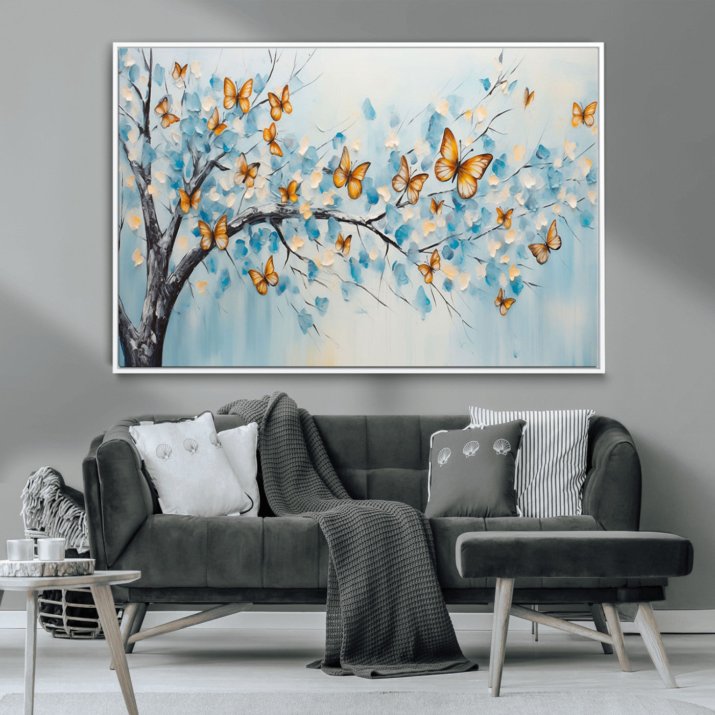 59455-MGV-CV-36X24-Butterfly Tree Branch Wall Art – Blue and Yellow Abstract Canvas Print, Modern Nature Artwork for Living Room, Bedroom or Office
