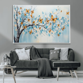 59455-MGV-CV-36X24-Butterfly Tree Branch Wall Art – Blue and Yellow Abstract Canvas Print, Modern Nature Artwork for Living Room, Bedroom or Office