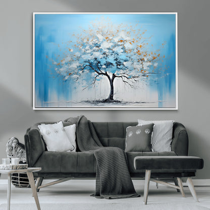 25021-MGV-CV-36X24-Abstract Tree Wall Art – Blue and White Canvas Painting with Gold Accents, Modern Nature-Inspired Artwork for Living Room, Bedroom