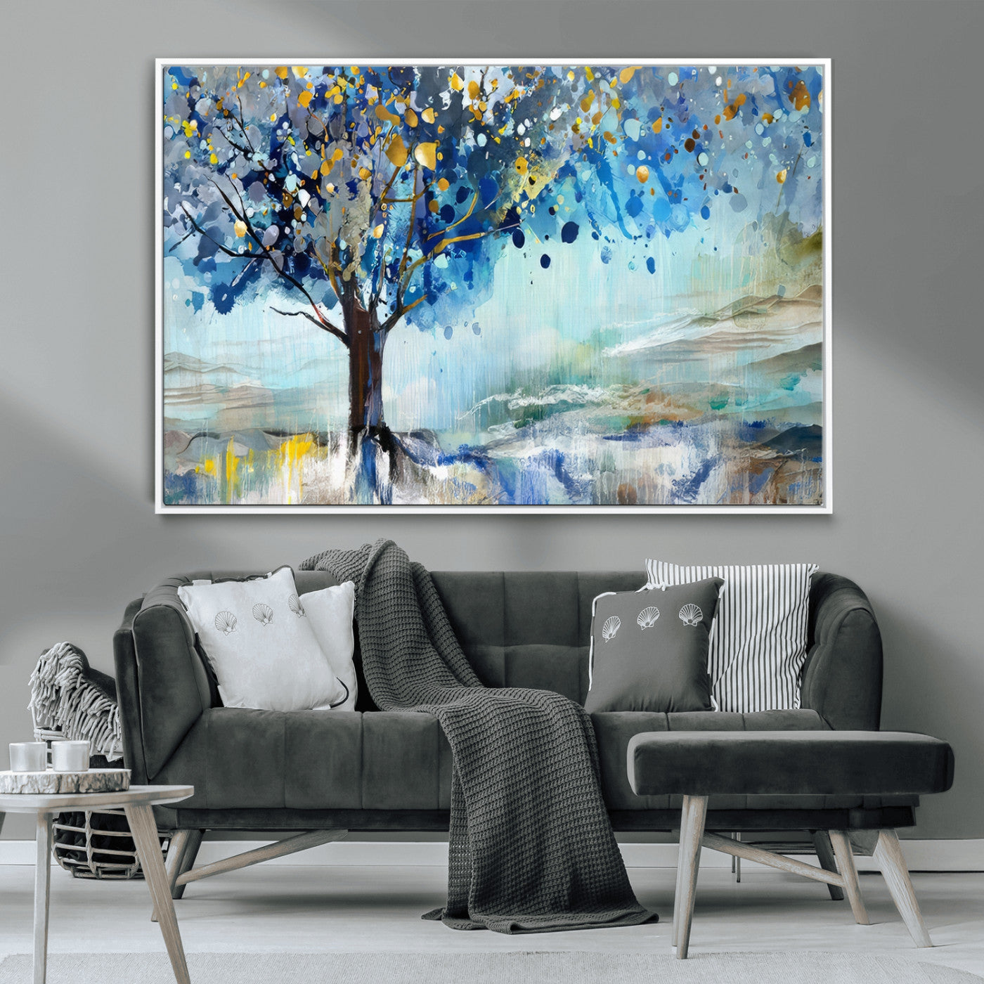 17018-MGV-CV-36X24-Abstract Blue Tree Wall Art – Colorful Canvas Painting with Gold and Silver Accents, Modern Nature Artwork for Living Room,