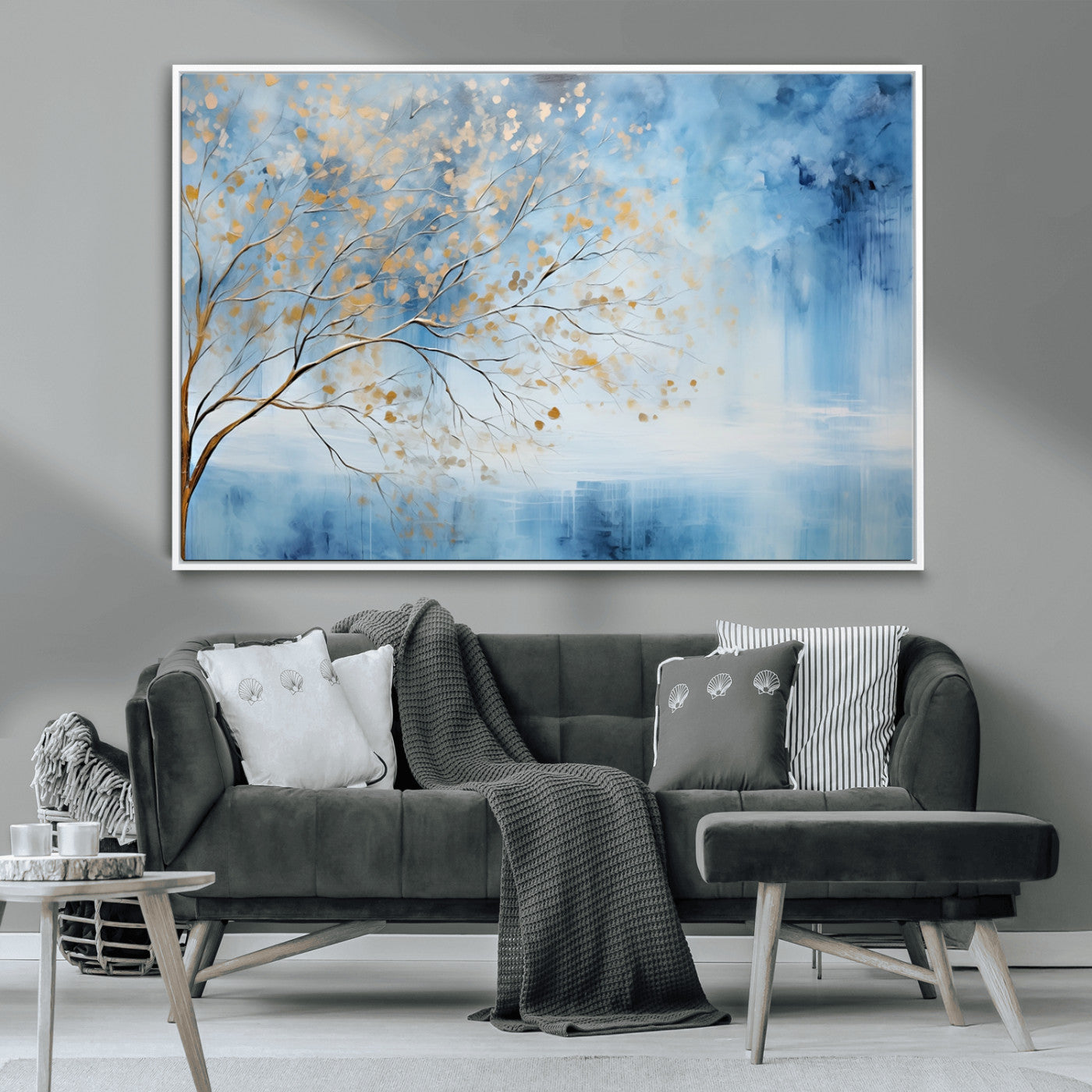23891-MGV-CV-36X24-Abstract Tree Wall Art – Minimalist Blue and Gold Canvas Painting, Elegant Nature-Inspired Artwork for Living Room, Bedroom or