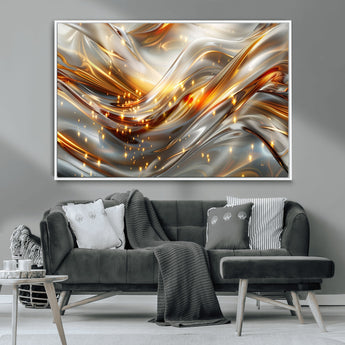 Lines1-MGV-CV-36X24-Abstract Metallic Wall Art – Silver and Gold Wave Canvas Print with Sparkling Accents, Modern Luxury Decor for Living Room, Office