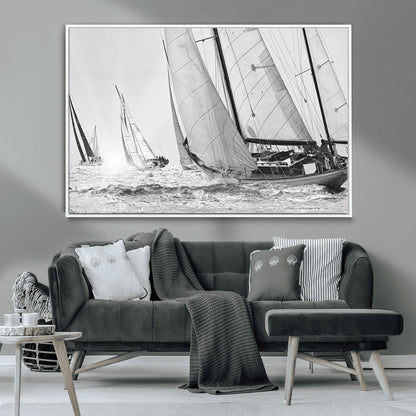 Boat-1-MGV-CV-36X24-Sailboat Racing Wall Art – Nautical Black and White Canvas Print, Ocean Adventure Decor for Office, Living Room or Bedroom