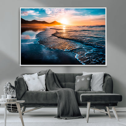 26494-MGV-CV-36X24-Ocean Sunset Wall Art – Scenic Beach Canvas Print with Waves and Mountains, Coastal Seascape Photography for Living Room, Bedroom