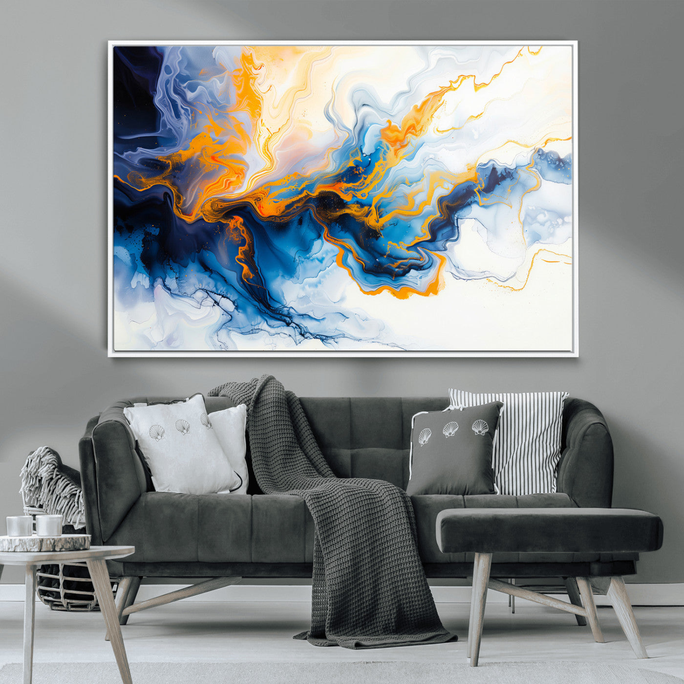 83720-MGV-CV-36X24-Abstract Fluid Wall Art – Blue, White and Gold Swirl Canvas Painting, Modern Contemporary Artwork for Living Room, Bedroom or