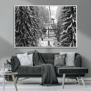 19240-MGV-CV-36X24-Ski Lift Wall Art – Black and White Winter Mountain Canvas Print, Snowy Forest Ski Resort Photography for Cabin, Lodge, Office or
